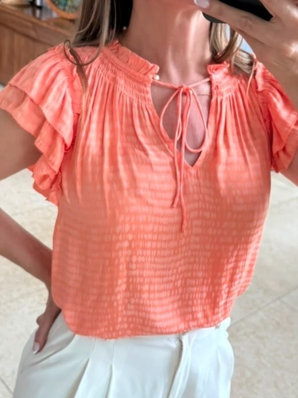 Current Air-Coral Tie Neck Ruffled Sleeve Women's Top